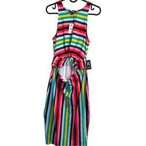 Express Womens Dress Medium Bright Multi Midi Knotted Stripe KEYHOLE BACK M $49